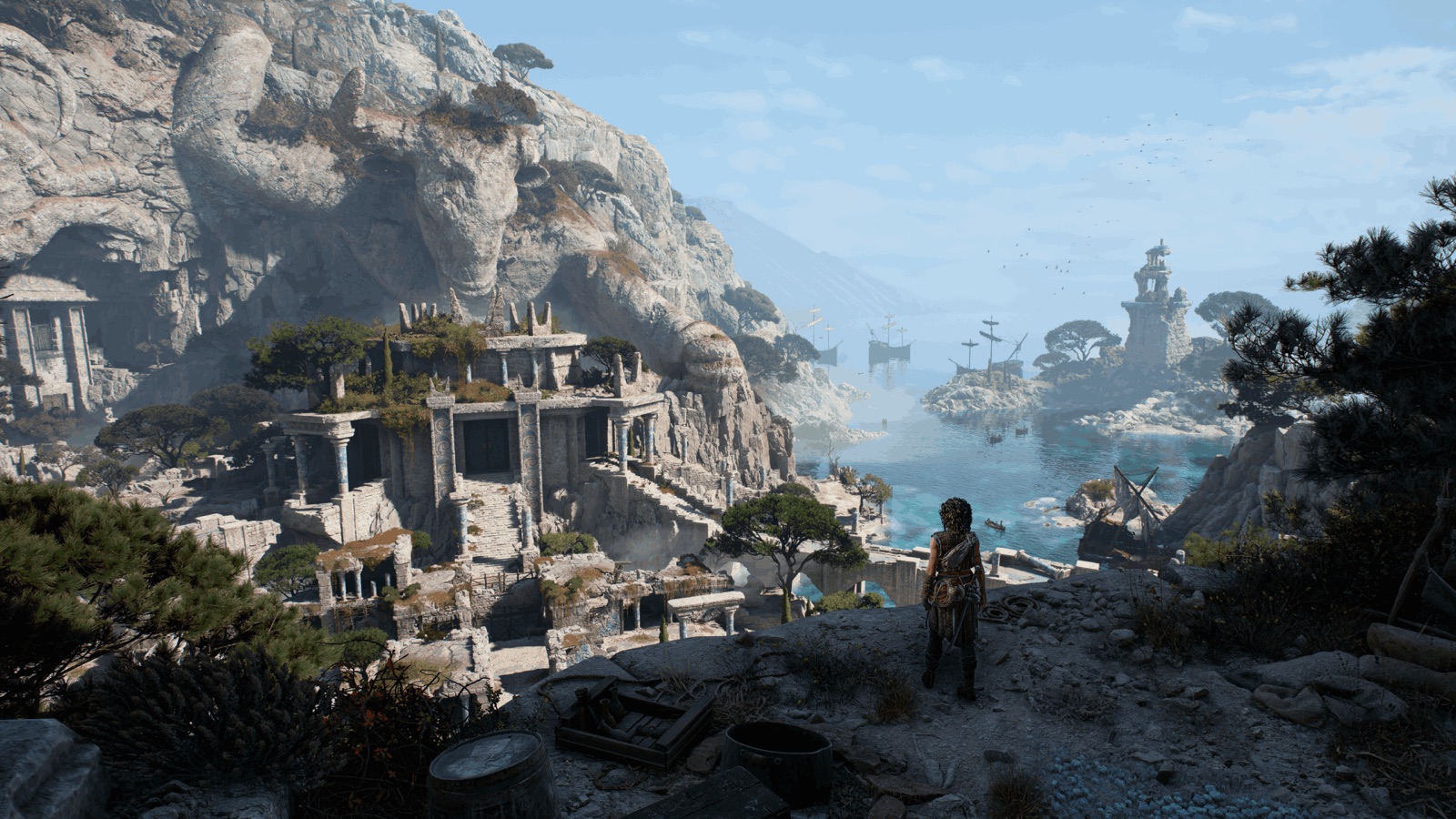 Sophia overlooks bright coastal ruins and ships on Minotaur Island