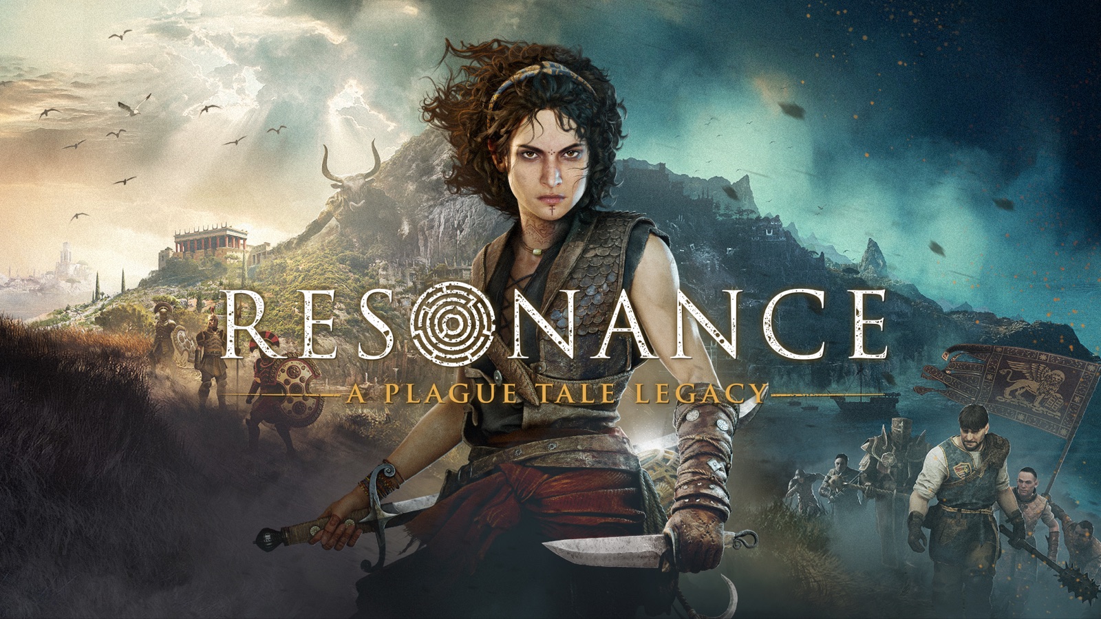 Sophia stands before the contrasting shores and ruins of Minotaur Island in official Resonance key art