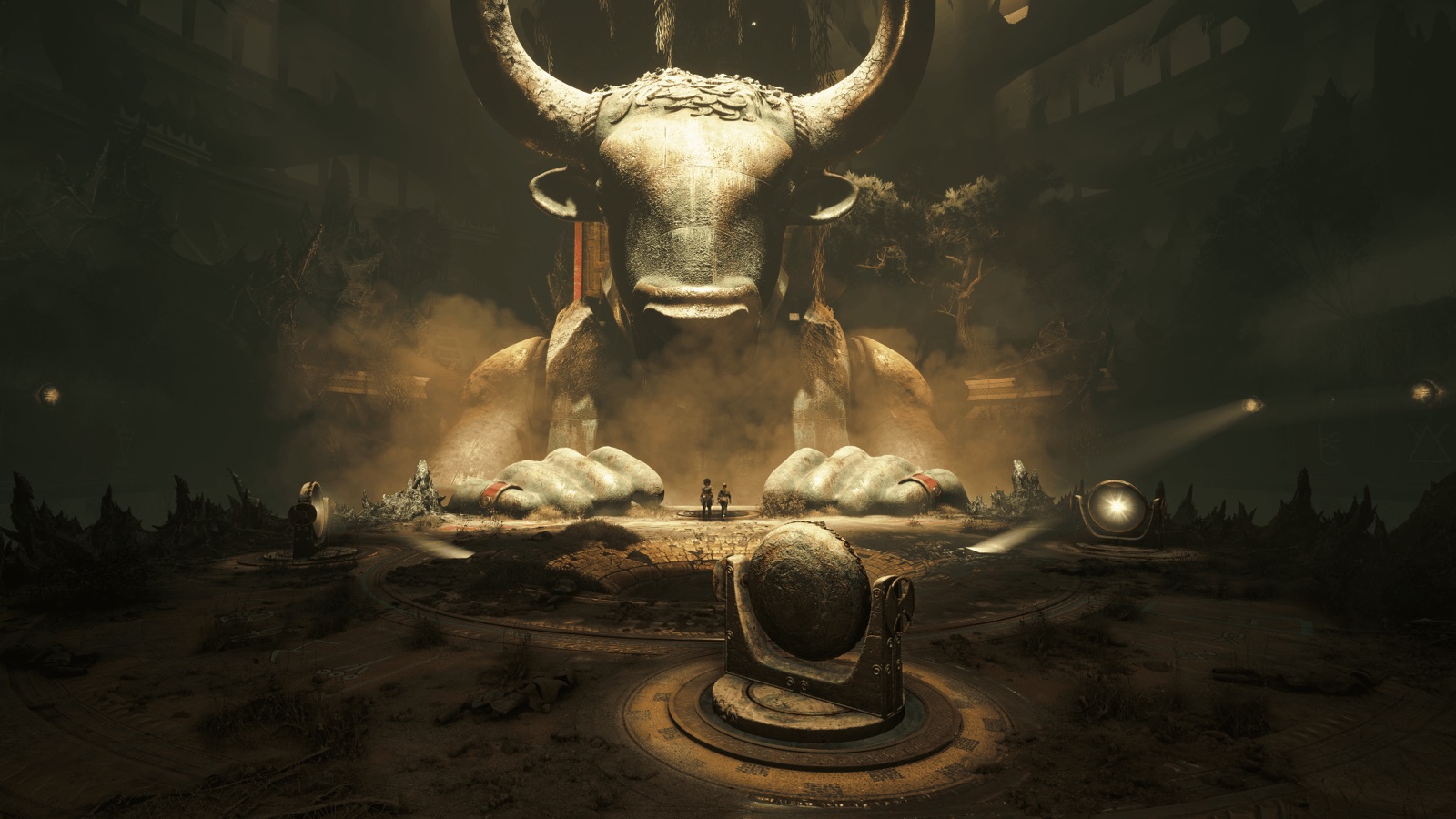 A Minoan sphere faces a monumental bull statue inside a dark chamber